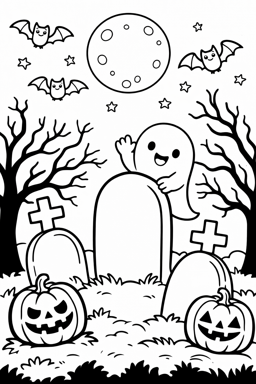 A children’s coloring page showing a happy ghost in a graveyard, surrounded by pumpkins, bats, trees, and a full moon. Perfect for imaginative coloring sessions during Halloween.