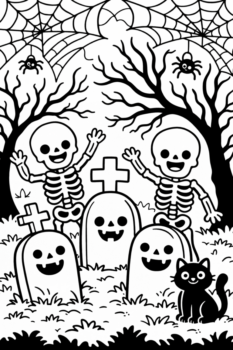 A delightful Halloween scene with two friendly skeletons dancing in a graveyard, surrounded by smiling tombstones, a curious black cat, and spider webs in the background. Perfect for a children's coloring activity.