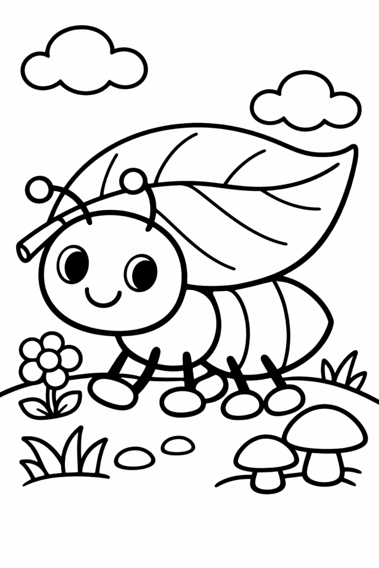A cute happy ant with a leaf on its back, amidst flowers and mushrooms under a cloud-studded sky, perfect for coloring fun.