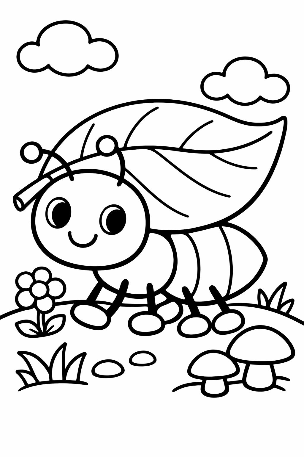 A cute happy ant with a leaf on its back, amidst flowers and mushrooms under a cloud-studded sky, perfect for coloring fun.