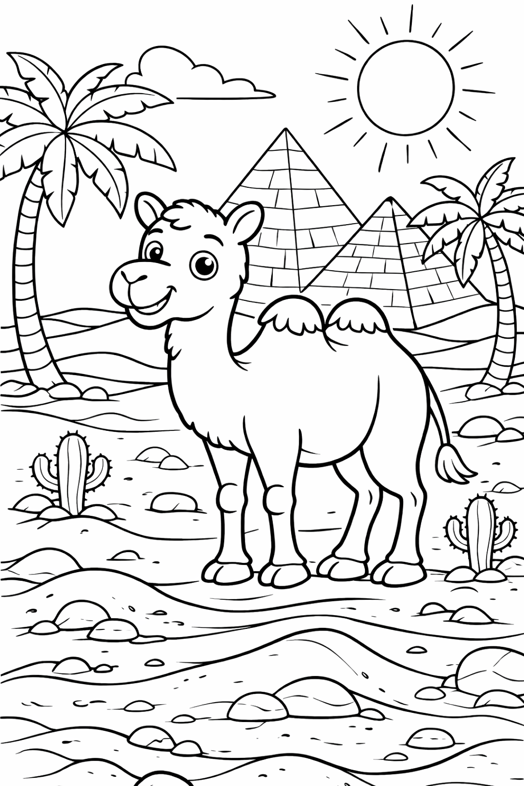 Coloring page of a happy camel, with palm trees, pyramids, and cacti in a sunny desert scene, perfect for creative coloring.