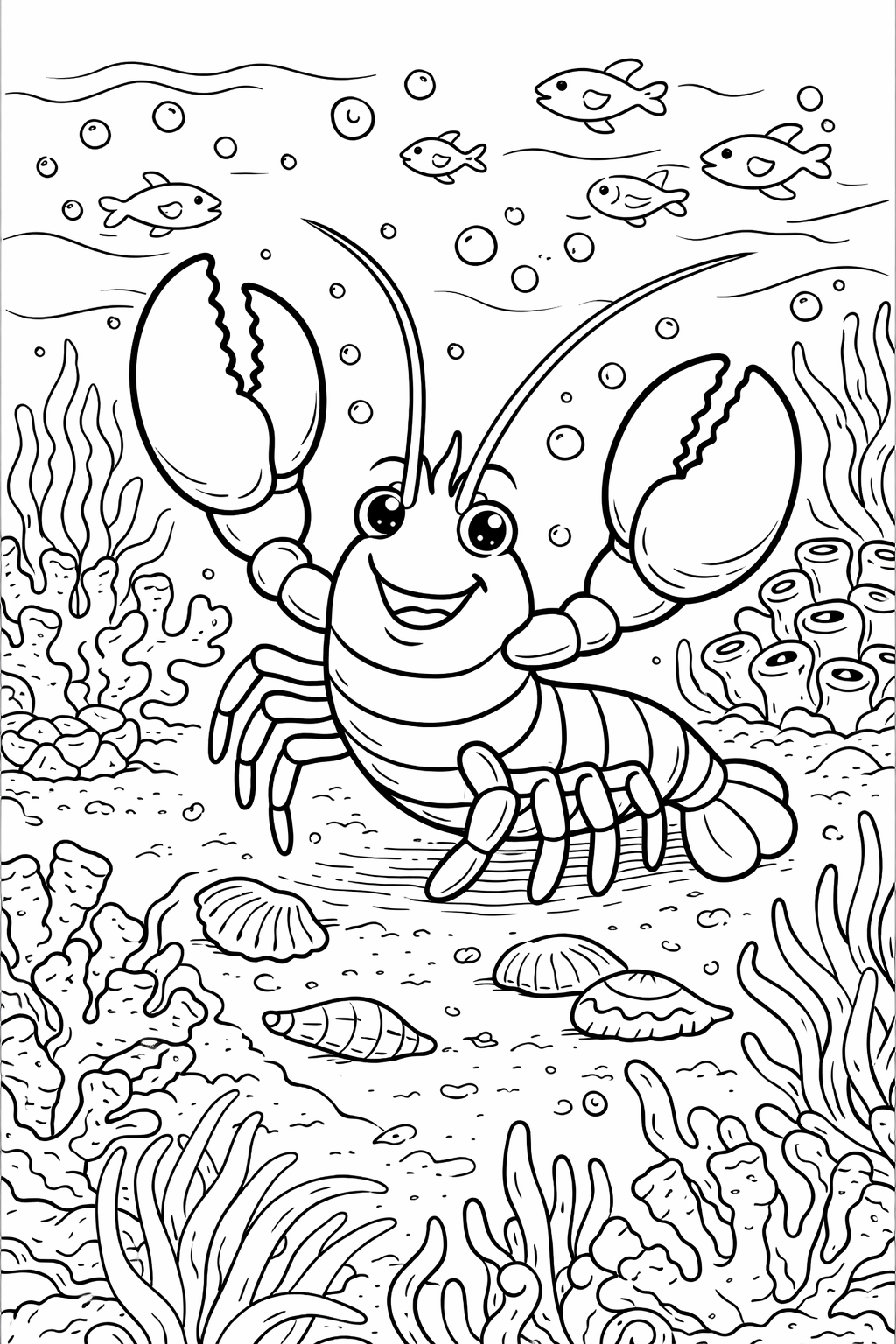 This charming coloring page features a cheerful lobster waving its claws amidst ocean plants and playful fish. Designed for kids, it captures an interactive underwater scene, inviting young artists to fill it with color and imagination for an engaging experience.