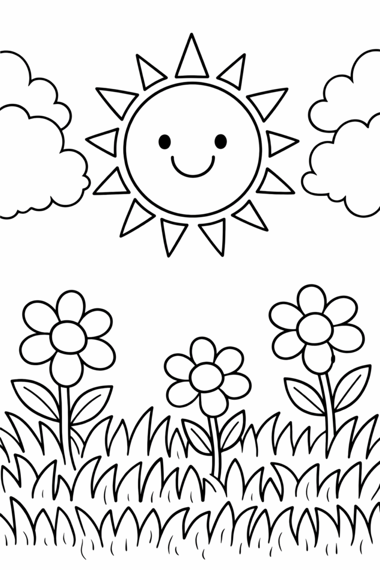 A coloring page showing a smiling sun with two fluffy clouds and three cheerful flowers among grass, inviting children to color this joyful outdoor scene.
