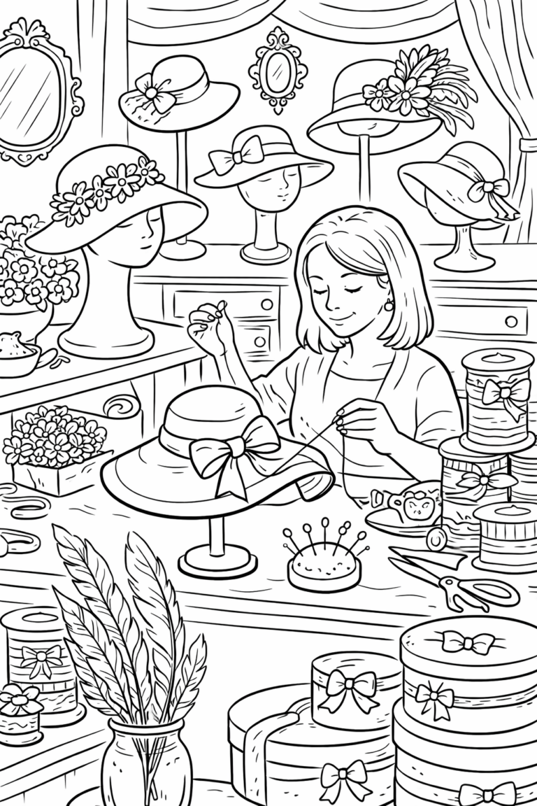 Children can enjoy coloring a detailed hat maker scene, including various hats with decorative bows and flowers. The artisan is shown sewing, surrounded by ribbons and tools, providing a creative and engaging activity.