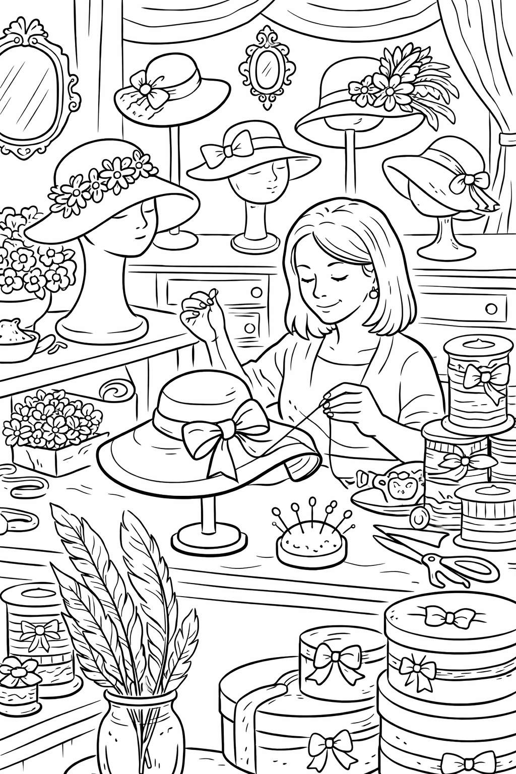 Children can enjoy coloring a detailed hat maker scene, including various hats with decorative bows and flowers. The artisan is shown sewing, surrounded by ribbons and tools, providing a creative and engaging activity.