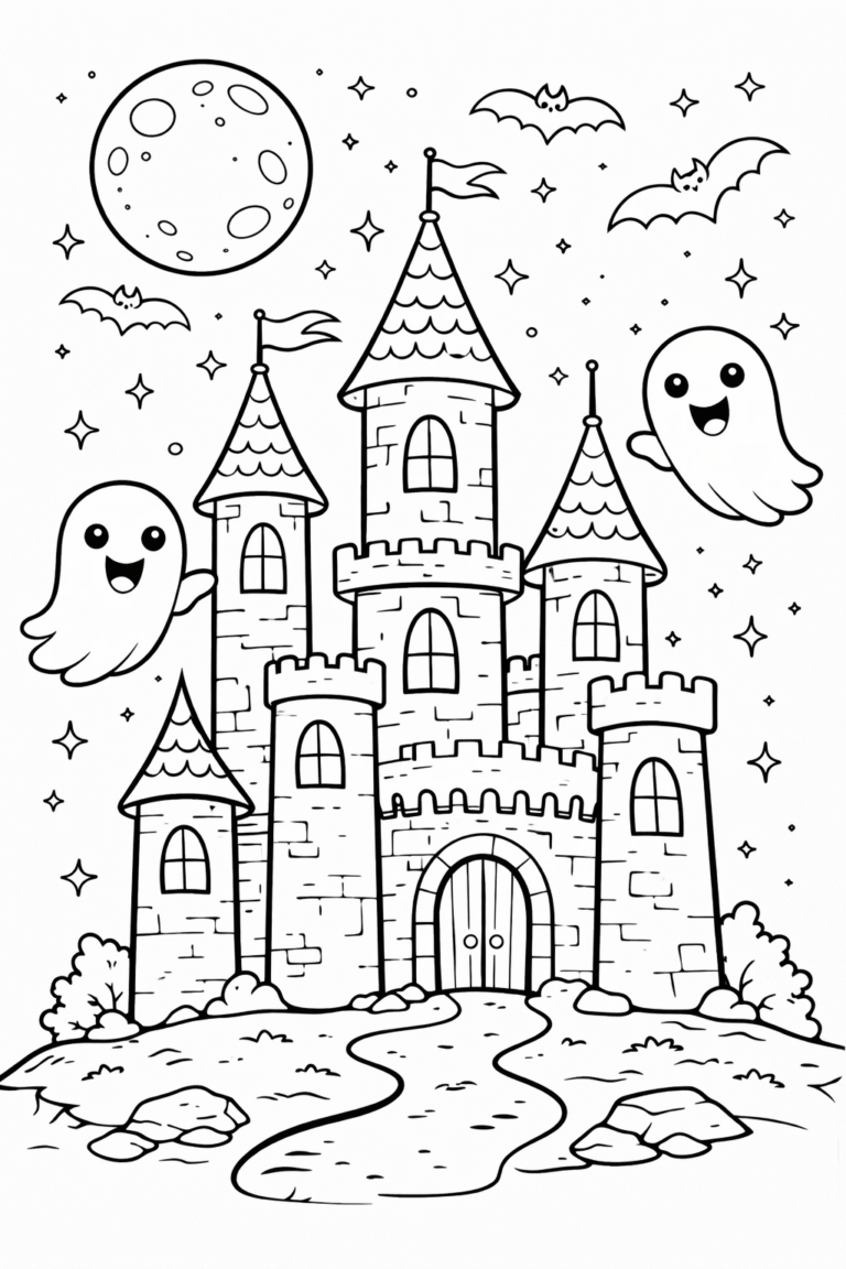 A haunted castle with turrets under a full moon, surrounded by stars, bats, and friendly ghosts, inviting children to color the scene creatively.