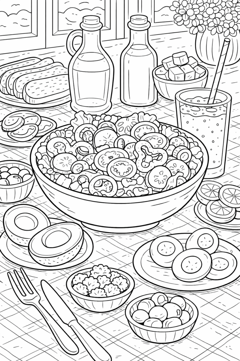 A detailed coloring page of a healthy food table, including a salad bowl, sliced vegetables, bottles, and a drink, offering children a fun and educational coloring experience.
