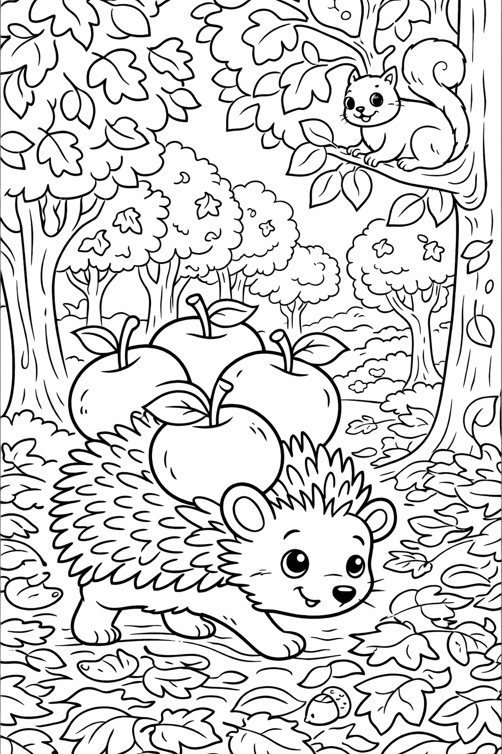 A cute hedgehog carries apples on its back. Nearby, a squirrel sits on a tree branch watching over a leafy forest scene. Perfect for children to color and enjoy an engaging autumn setting.