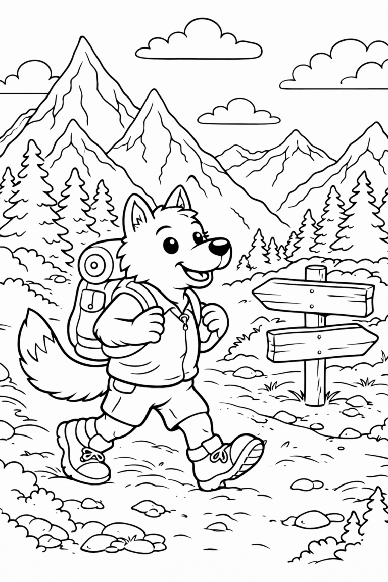 A charming wolf in hiking gear walks through a scenic mountain path. Surrounded by towering trees and distant peaks, the wolf radiates adventure and excitement. Kids can color this inviting scene and imagine their own wildlife journey.
