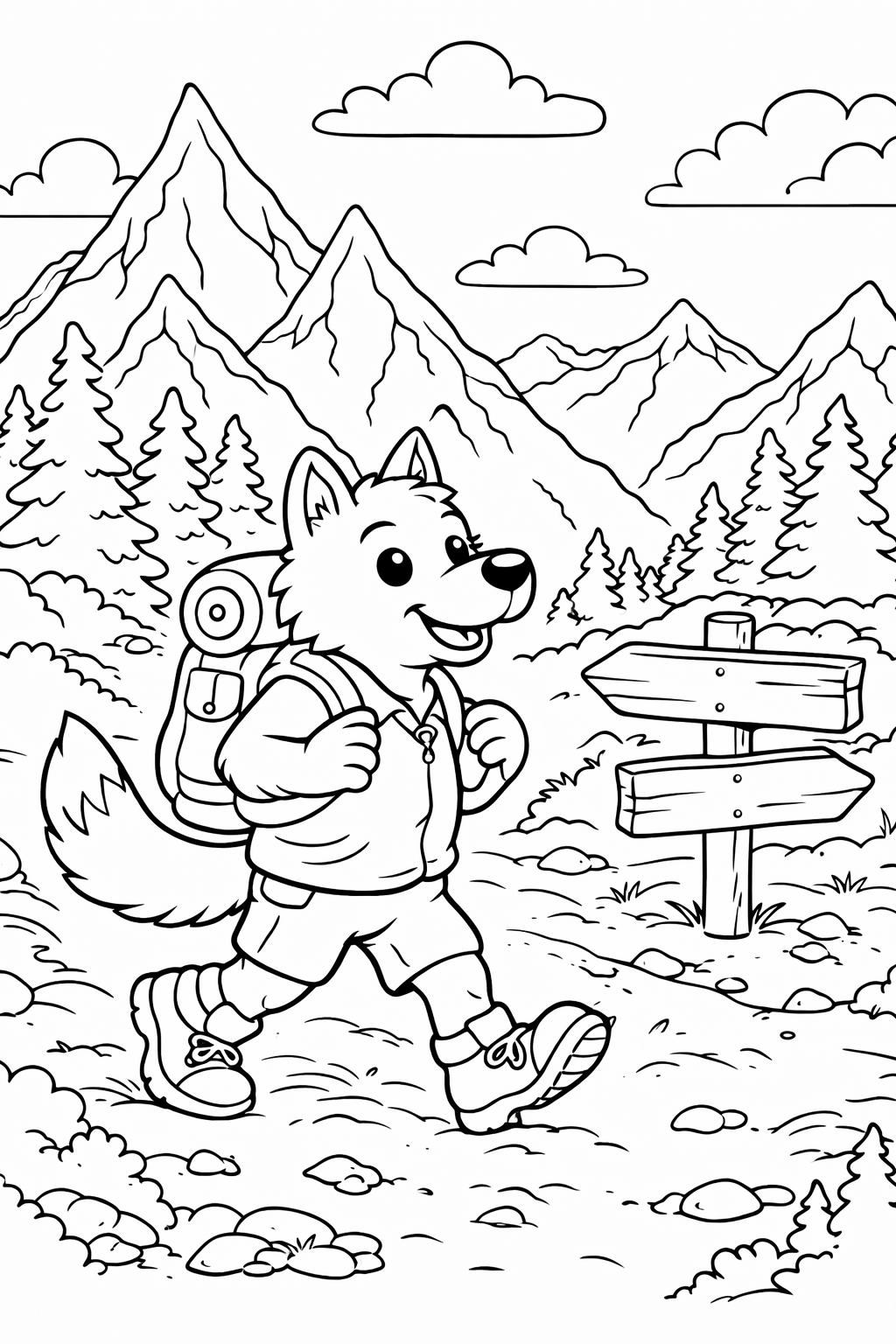 A charming wolf in hiking gear walks through a scenic mountain path. Surrounded by towering trees and distant peaks, the wolf radiates adventure and excitement. Kids can color this inviting scene and imagine their own wildlife journey.