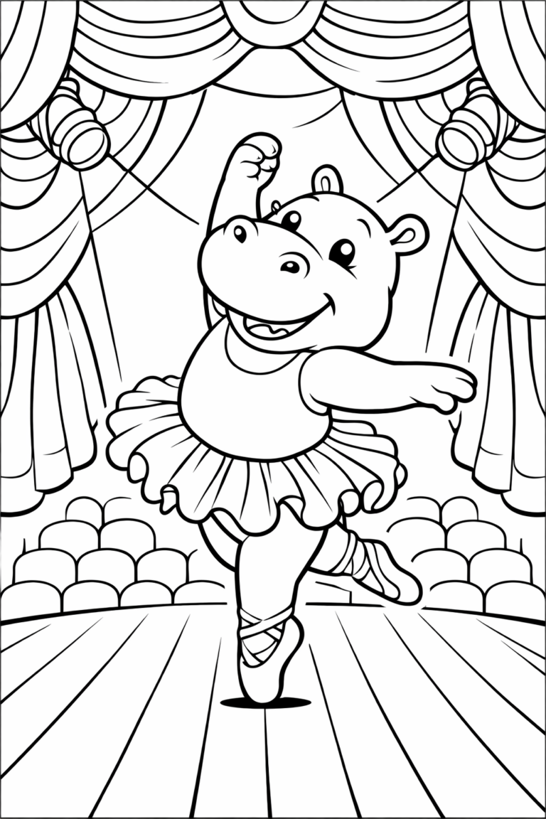 A delightful hippo ballerina dances on stage, inspiring children to color her tutu, the stage, and charming curtains with creativity and joy.