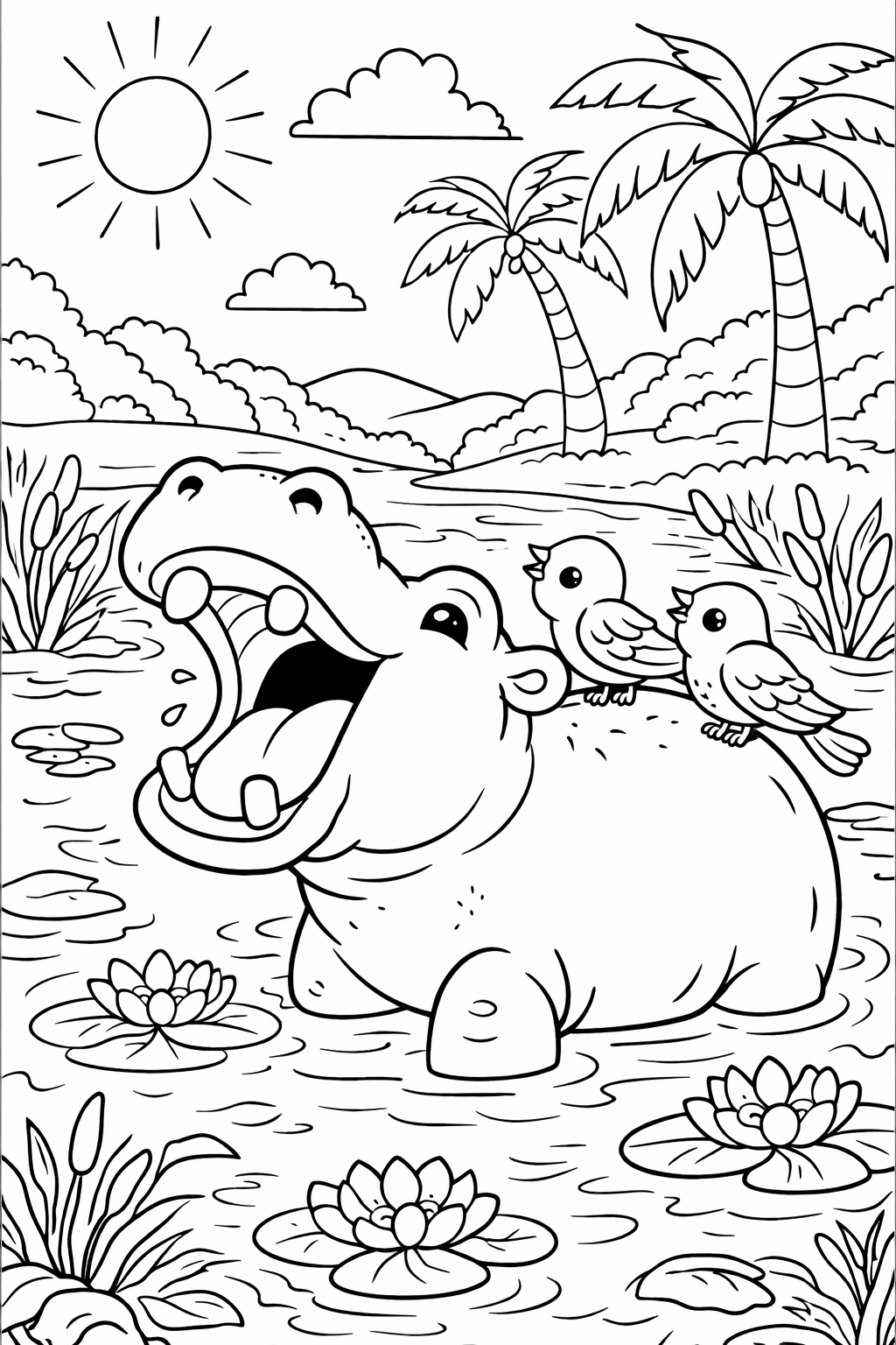 A joyful hippo in a pond with birds on its back, surrounded by water lilies and palm trees against a sunny sky, ready for kids to color.