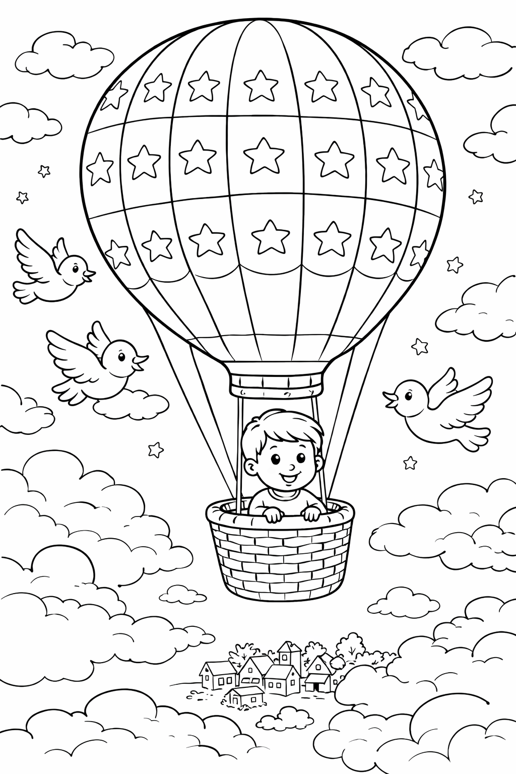 A boy in a hot air balloon with stars floats above a village, surrounded by birds and clouds, perfect for a children's coloring activity.