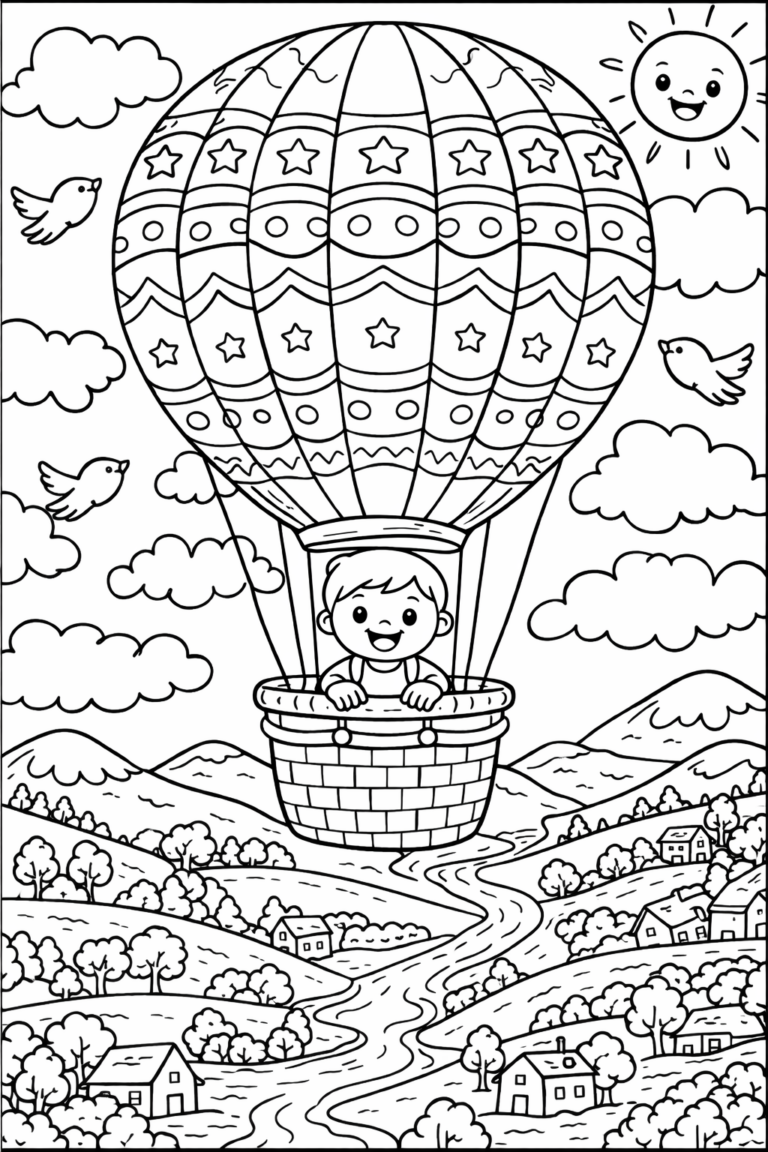 A child in a hot air balloon floating over a picturesque landscape with hills, trees, and birds in the sky. The scene includes a smiling sun and fluffy clouds, adding a joyful, whimsical touch to the coloring page.