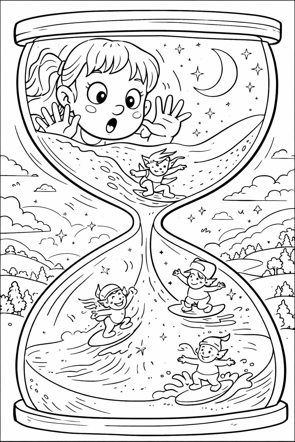 A whimsical coloring page featuring a large hourglass with a curious child peering in, watching elves surfing under a starry night sky. Ideal for children’s creativity and exploration.
