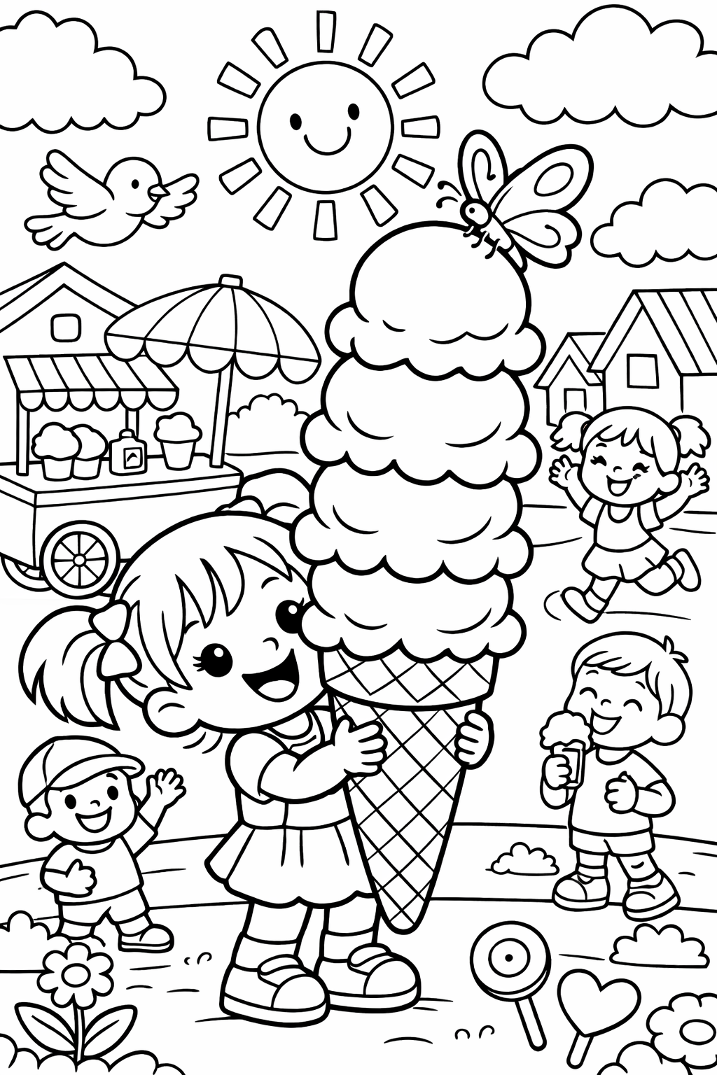 Children delighting in a large ice cream cone under the sun with playful clouds, birds, and butterflies. This coloring page captures a joyful and imaginative summer scene for kids to color.