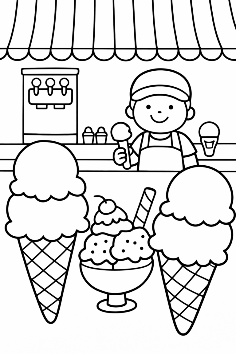 A playful coloring page featuring an ice cream vendor with a selection of ice cream cones and a sundae. Children can color the vendor and various ice cream treats, encouraging creativity and fun.