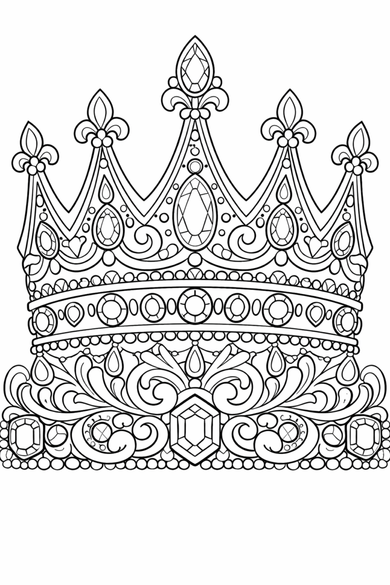 A detailed coloring page of an intricate royal crown with ornate designs and jewels, perfect for children to explore their creativity and coloring skills.