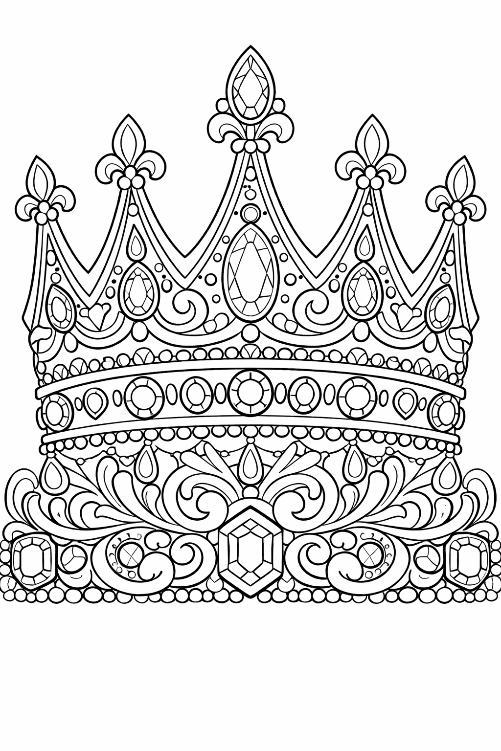 A detailed coloring page of an intricate royal crown with ornate designs and jewels, perfect for children to explore their creativity and coloring skills.