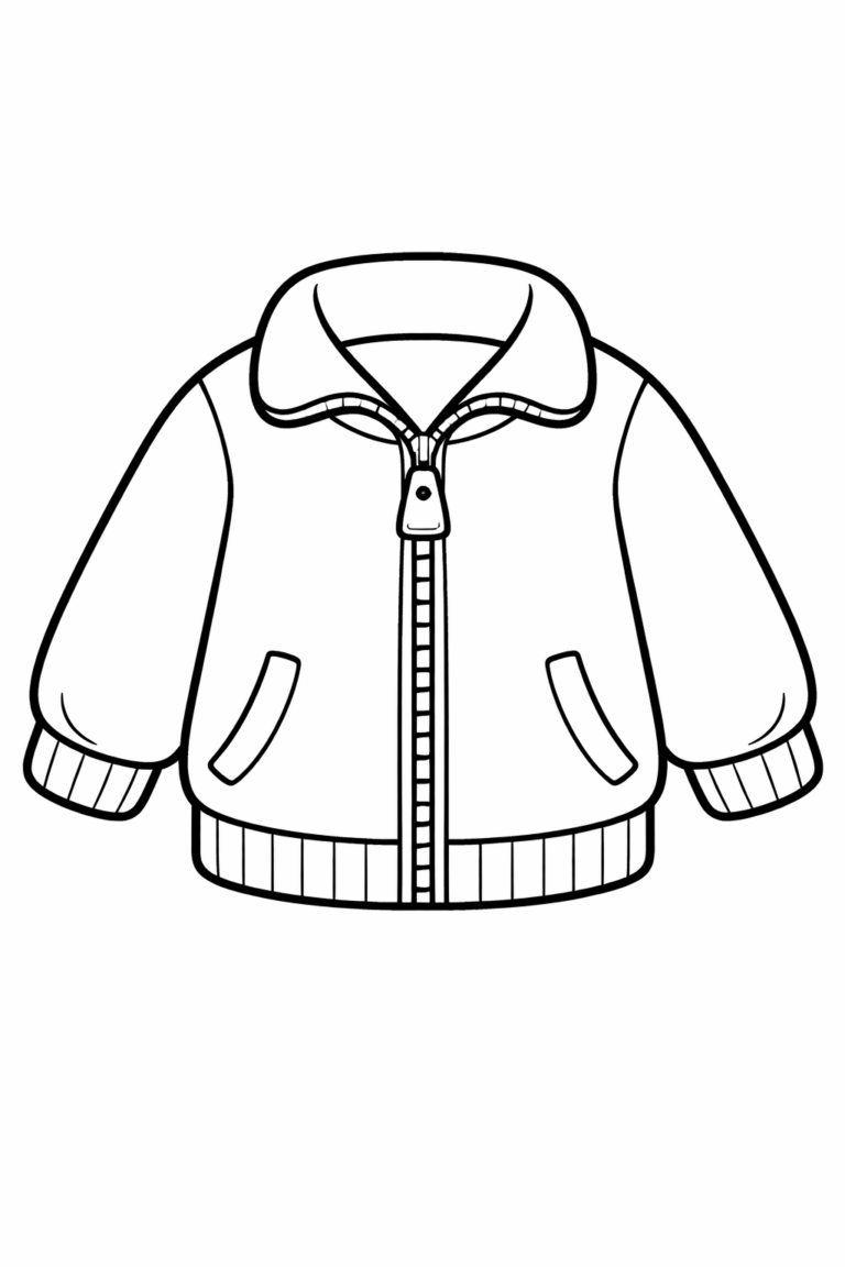 A detailed black and white outline of a jacket, perfect for kids to color and engage with during educational or leisure activities.
