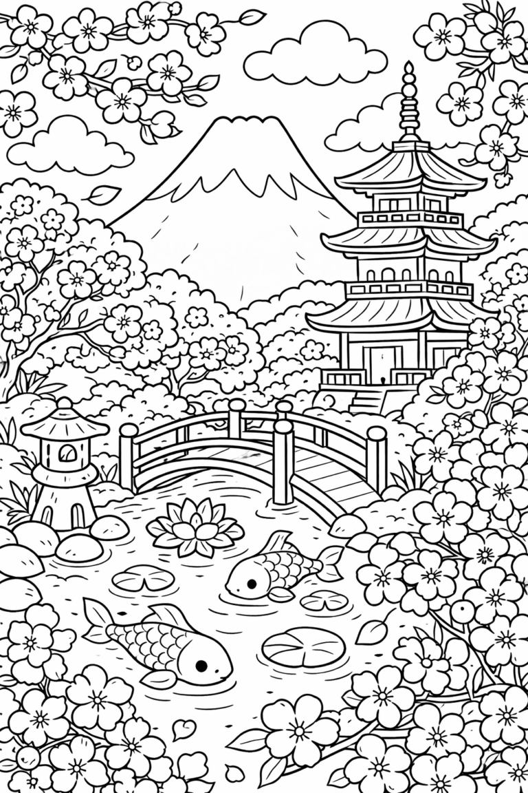 A detailed coloring page of a Japanese garden with koi fish in a pond, a bridge, blooming cherry blossoms, and a pagoda set against Mount Fuji.