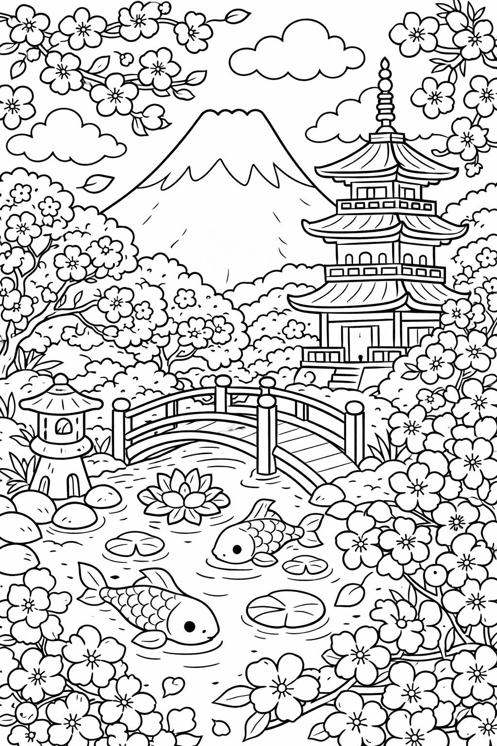 A detailed coloring page of a Japanese garden with koi fish in a pond, a bridge, blooming cherry blossoms, and a pagoda set against Mount Fuji.