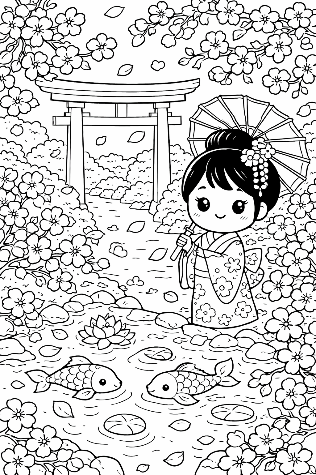 A child in traditional Japanese attire beside a pond with koi fish, cherry blossoms, and a torii gate, set in a serene garden scene.