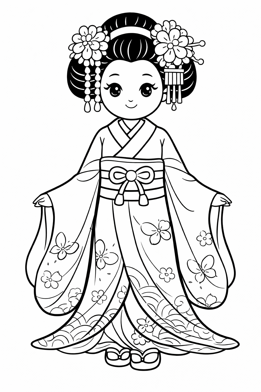 A detailed coloring page depicting a Japanese princess wearing a traditional kimono with floral designs and intricate accessories, offering an engaging cultural coloring experience.