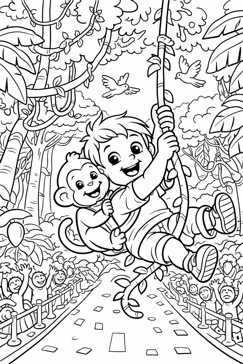 A child swings on a vine in a jungle with a monkey, surrounded by trees and birds. The scene is lively and captures a sense of adventure for children to color.