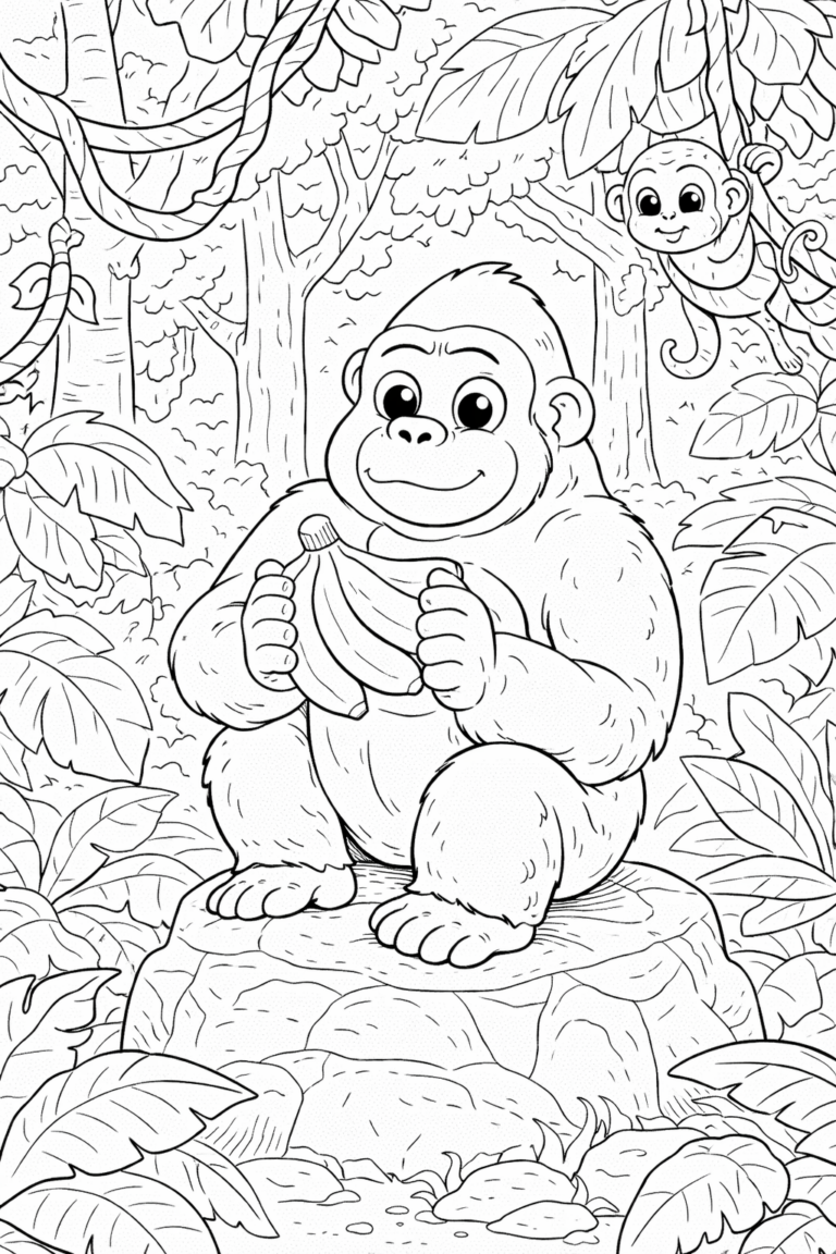 A delightful coloring page showing a gorilla with bananas seated on a rock, while a monkey swings from a nearby tree in a jungle setting. Perfect for kids.