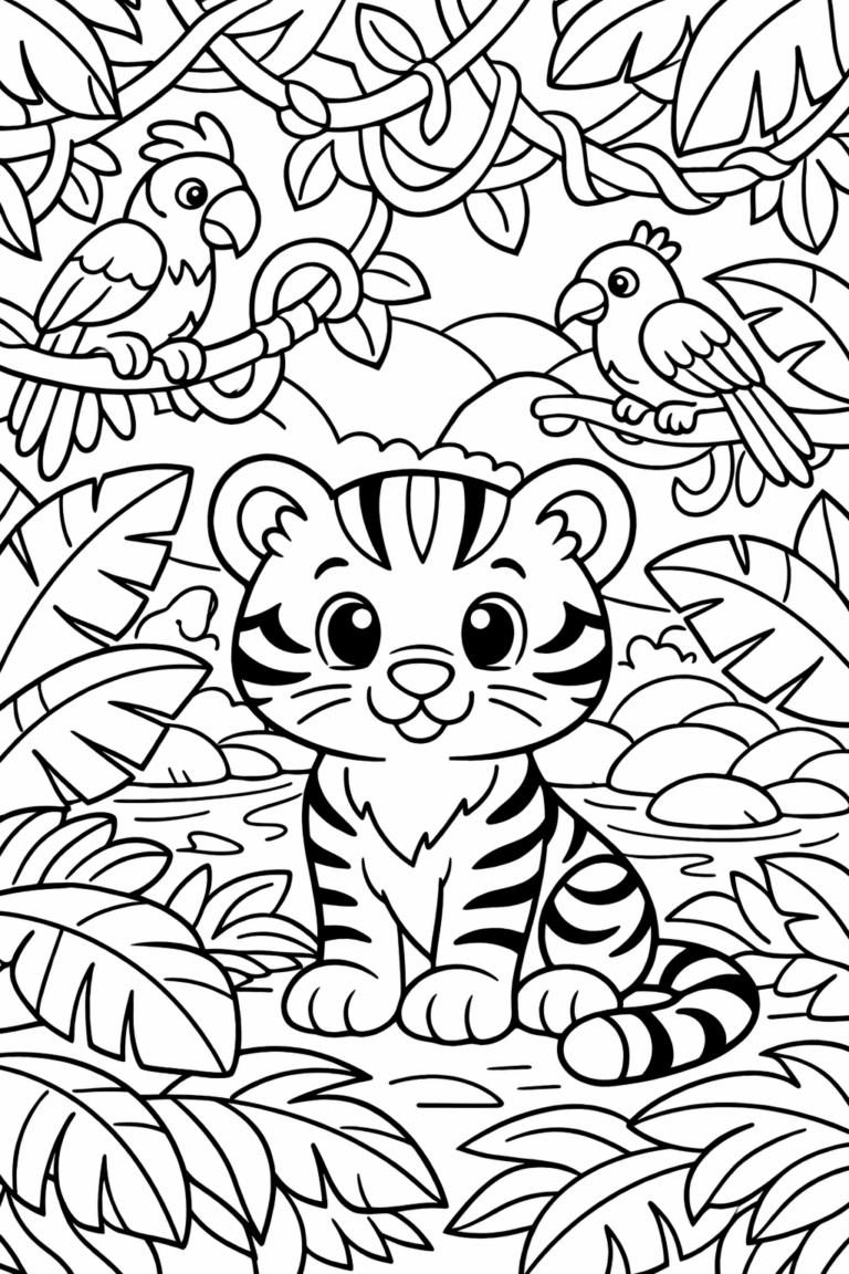 A charming coloring page with a playful tiger cub sitting amidst jungle leaves and two parrots. The scene is ideal for children to express creativity.