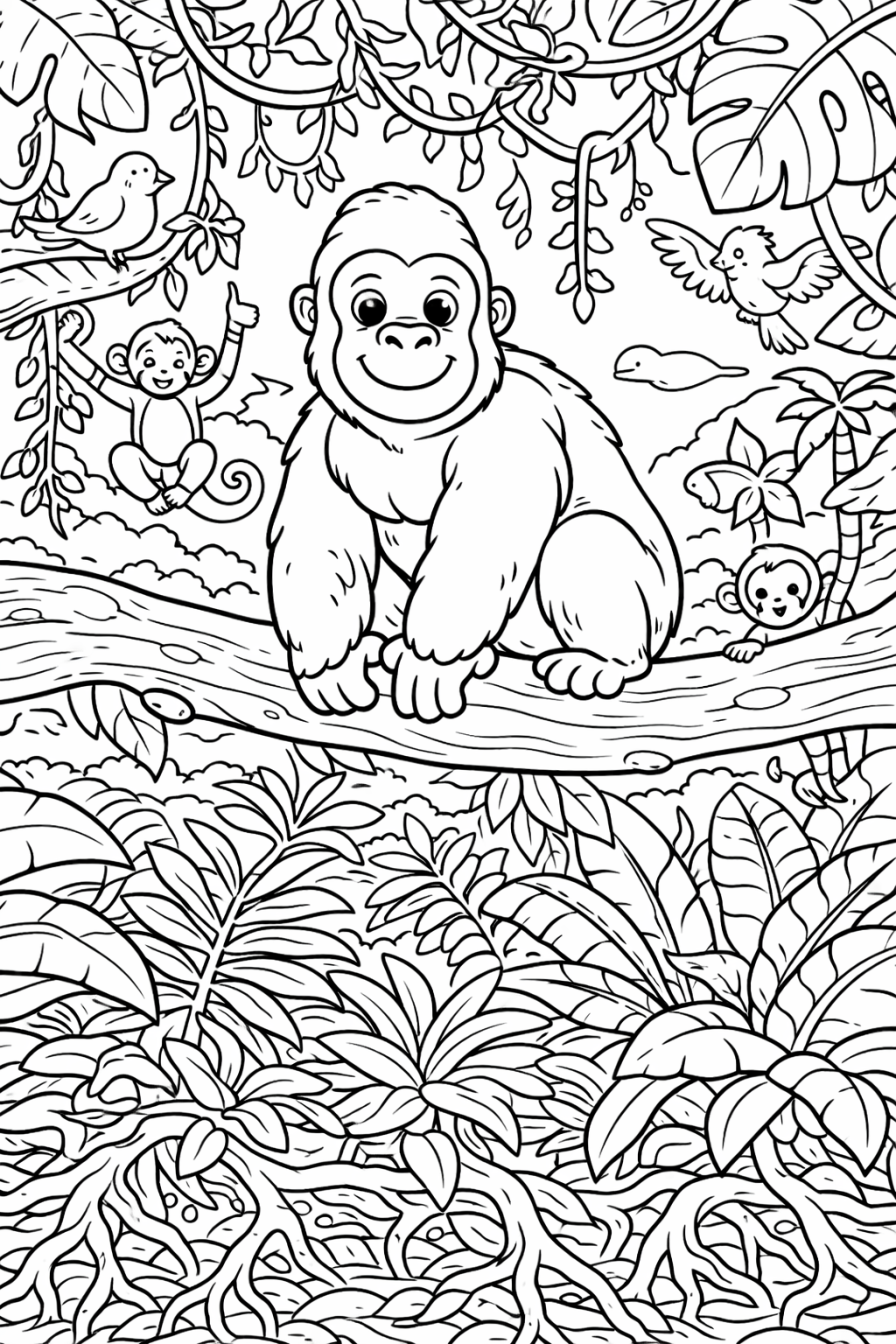 A jungle scene with a gorilla, playful monkeys, and flitting birds among lush foliage, designed as a fun and engaging coloring page for kids.