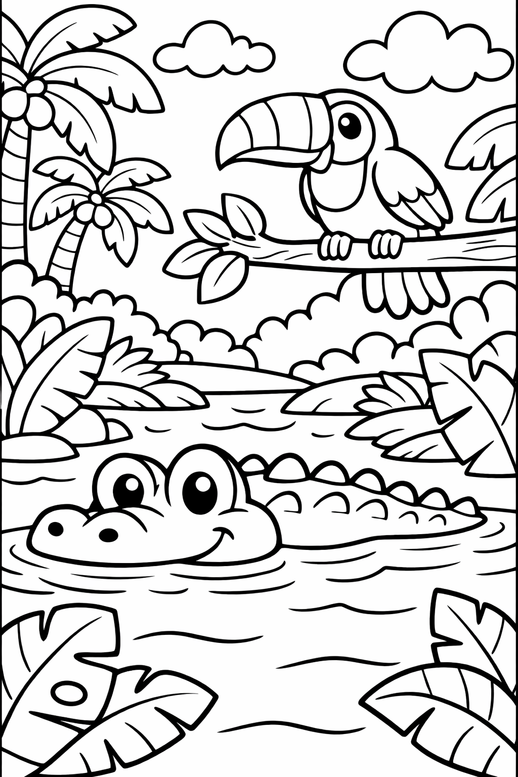 Black and white coloring page of a jungle scene showing a crocodile in water and a toucan on a branch amid tropical plants, perfect for kids to color.