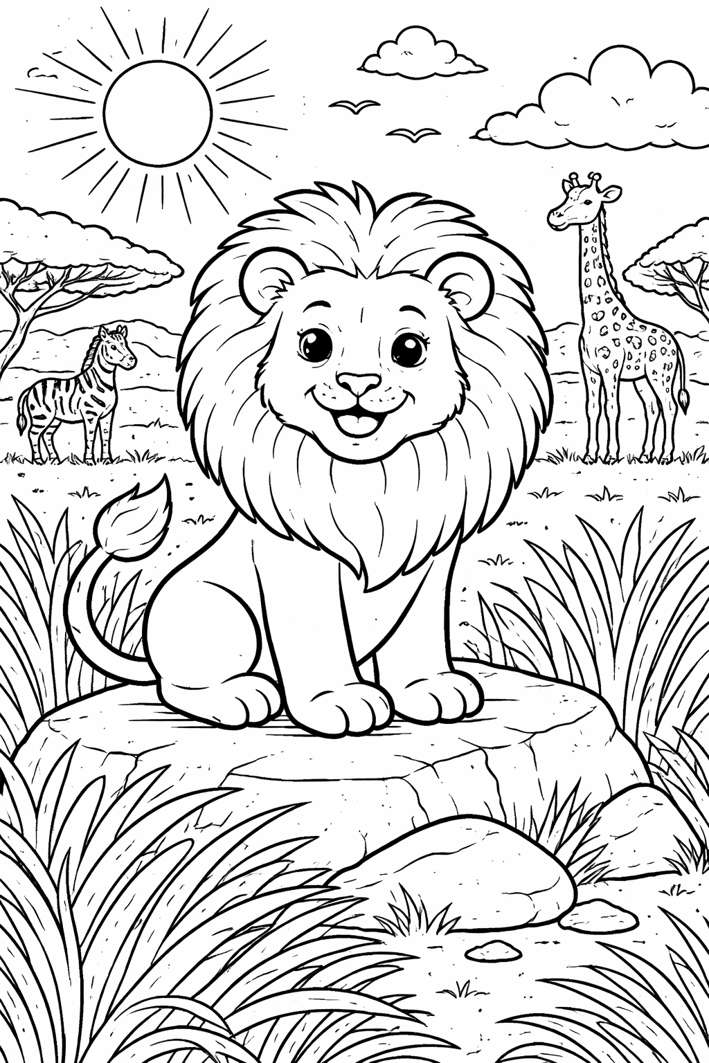 A cute lion sits happily on a rock surrounded by tall grass in a lively jungle scene. Behind the lion, a zebra and a giraffe can be seen under a bright, sunny sky.