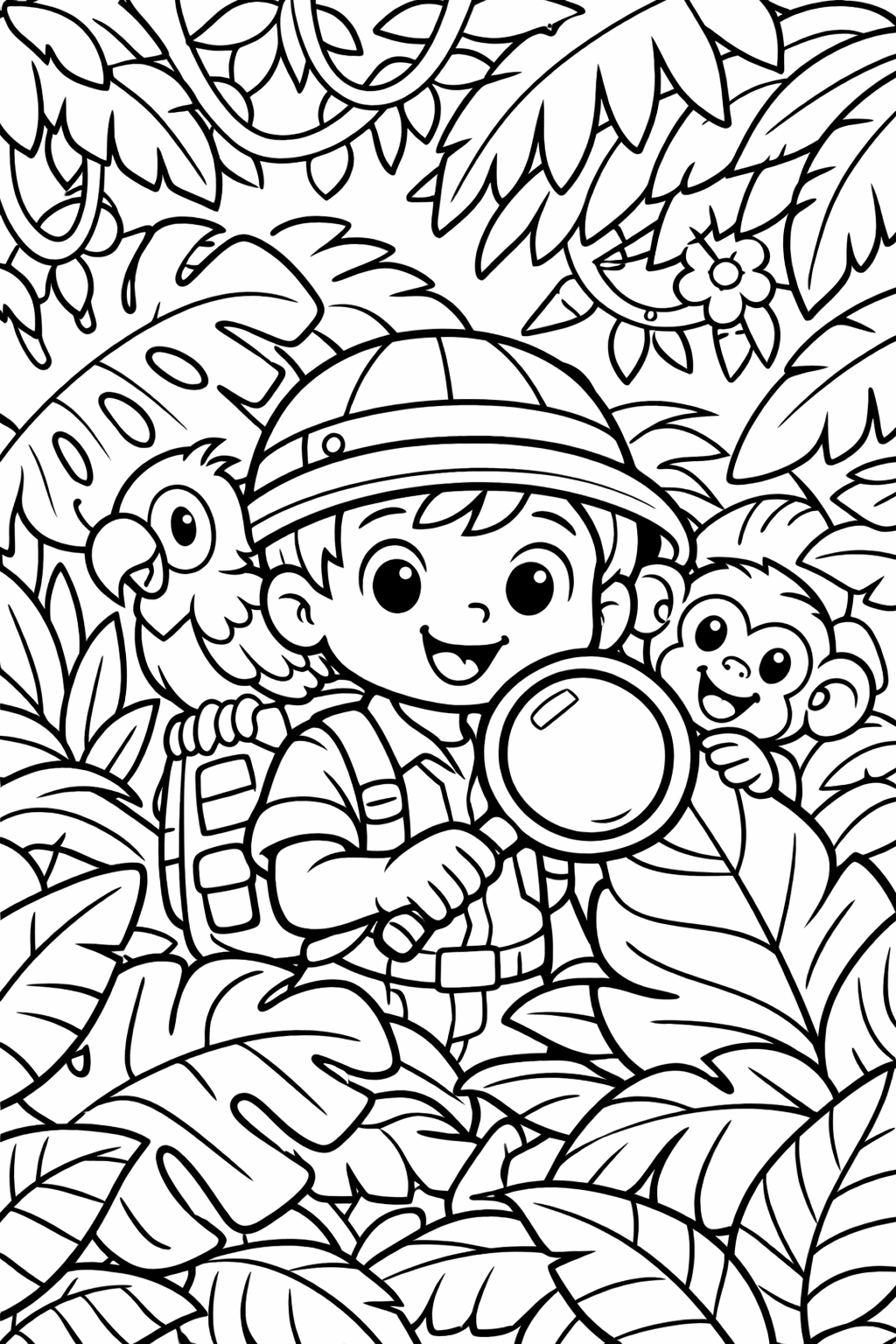 A detailed coloring page showing a happy child explorer wearing a helmet, with a parrot perched on their shoulder and a curious monkey peeking from the jungle foliage, surrounded by large tropical leaves and vines.