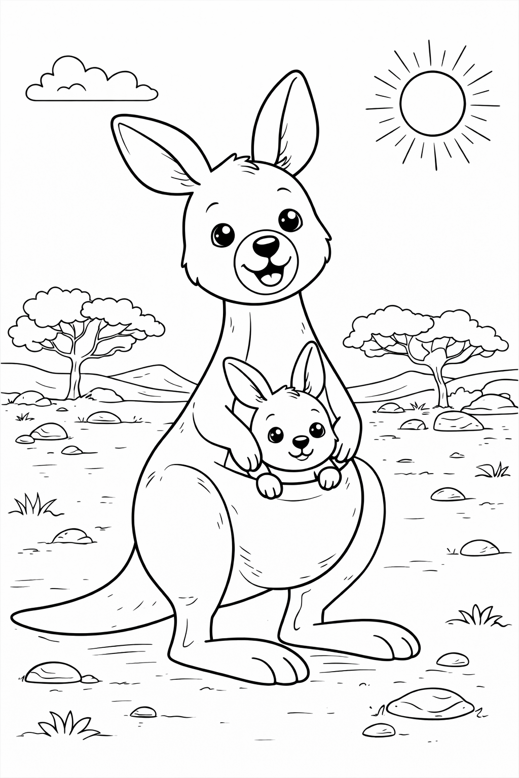Coloring page depicting a mother kangaroo with a baby joey in her pouch, set in a landscape with trees, rocks, and a bright sunny sky, ideal for children's coloring activities.