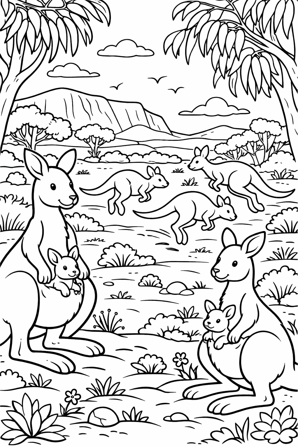 A fun coloring page showing kangaroos in the wild. Two mother kangaroos with joeys in their pouches are in the foreground, while other kangaroos hop in the background, surrounded by trees and a scenic landscape.