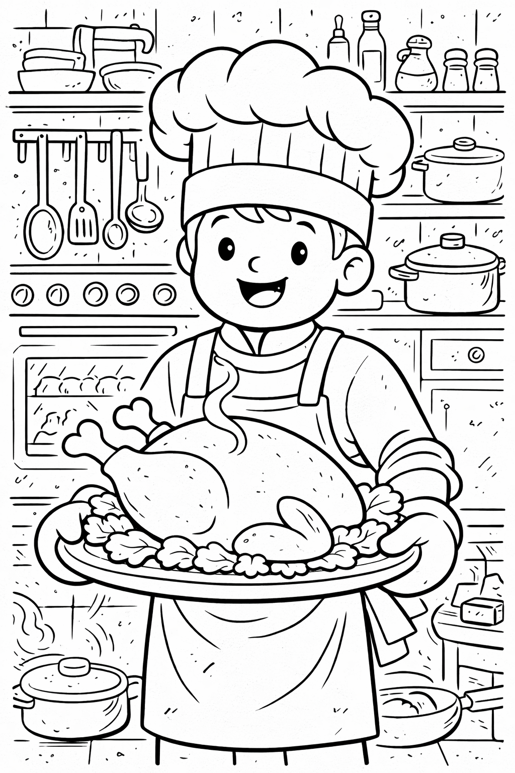 A charming young chef in a kitchen holds a roasted turkey. Kids can color the chef's attire and kitchen items, enhancing their creative experience.