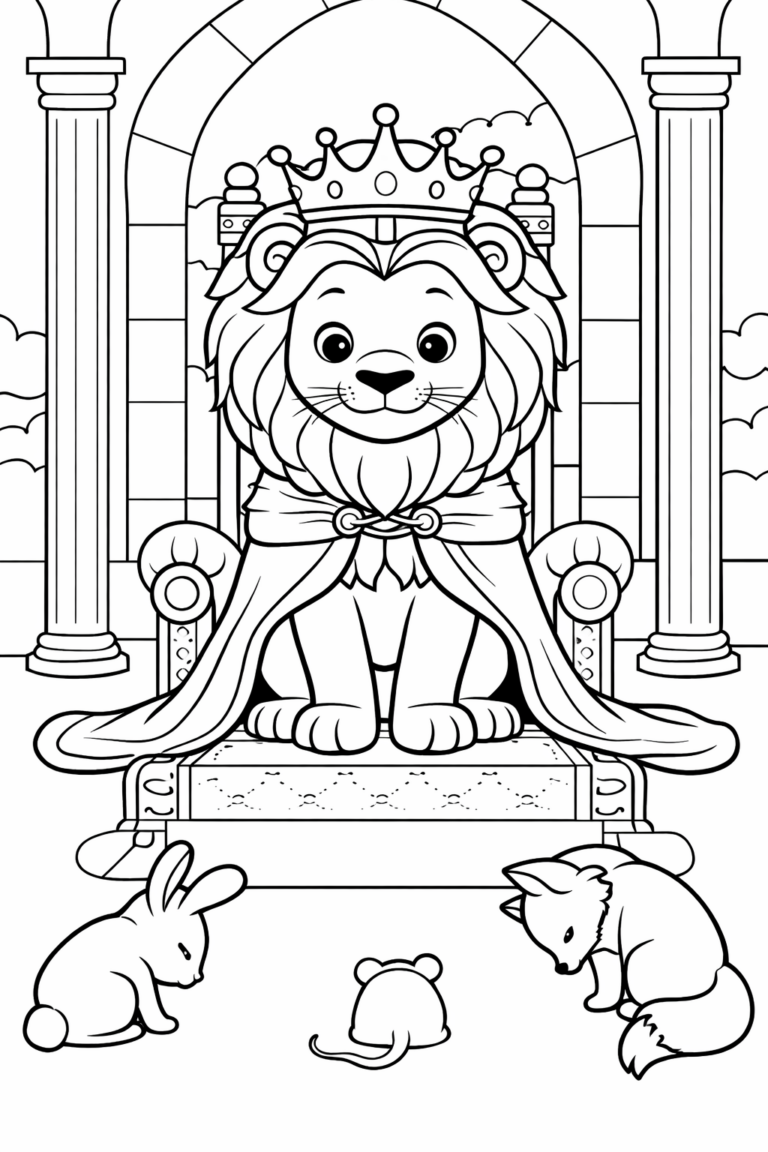 A magnificent lion adorned with a crown sits regally on a throne, surrounded by a rabbit, mouse, and fox. This scene offers a whimsical and engaging coloring experience for children, sparking creativity and storytelling.