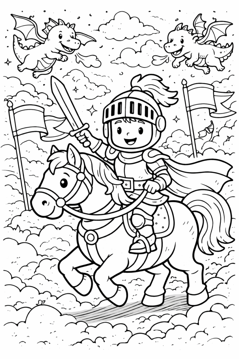 A children's coloring page showing a happy knight on a horse, with dragons flying in the background. Flags wave in the cloud-filled sky, creating a fun and adventurous scene.