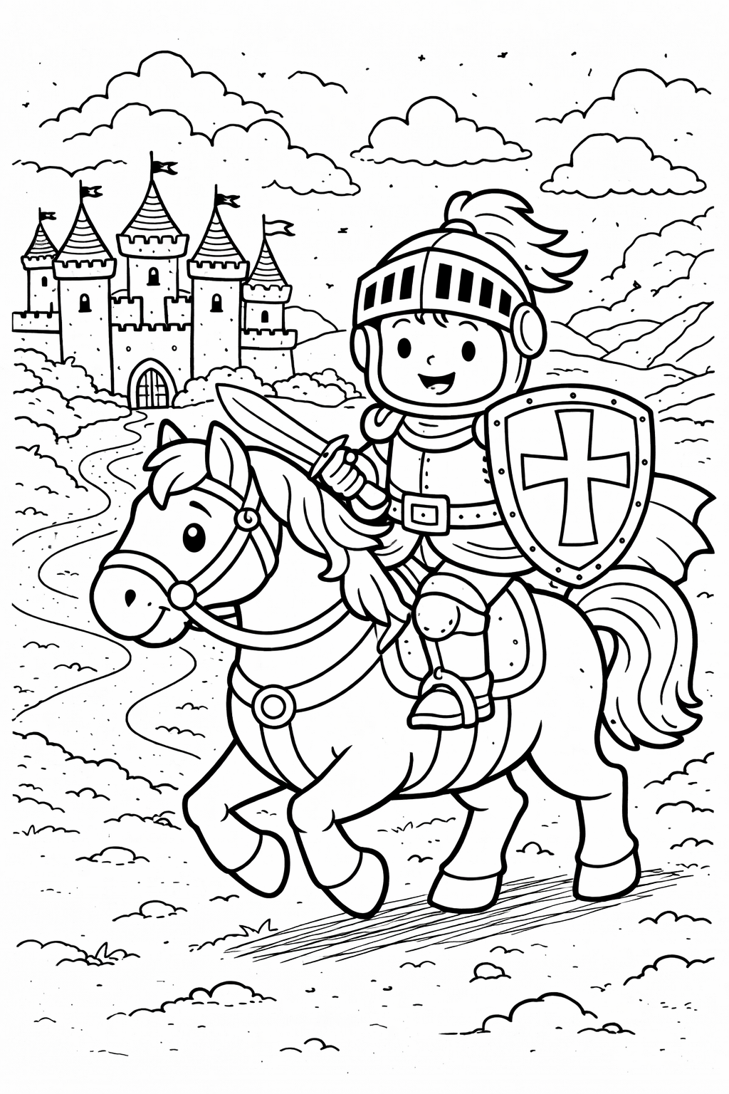 A charming knight on horseback holds a shield and rides towards a castle. The scene is detailed with fluffy clouds and a winding path, making it a perfect coloring activity.