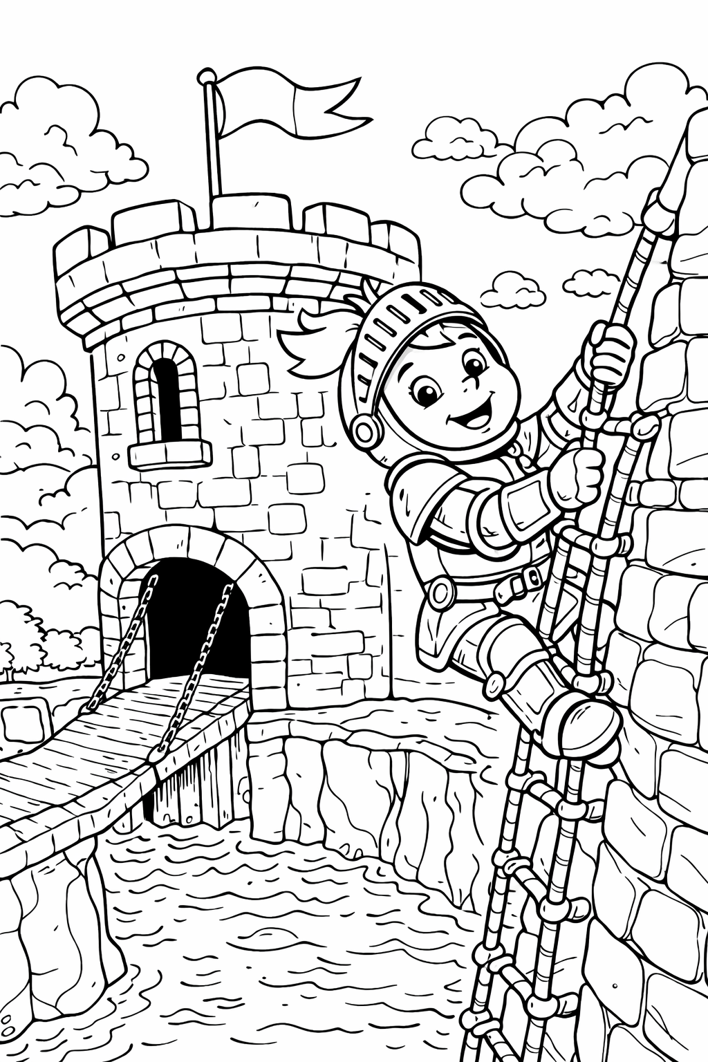 A coloring page showing a knight climbing a castle wall. The scene includes a drawbridge, a moat, and clouds in the sky, creating a whimsical fairy tale setting for children to color.