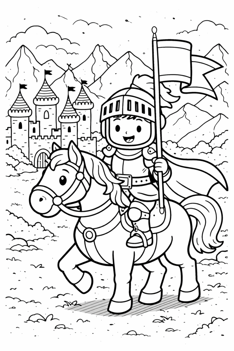 A delightful coloring page featuring a young knight on a horse with a grand castle behind. The scene evokes adventure, with mountains providing an enchanting backdrop, encouraging creativity and fantasy.