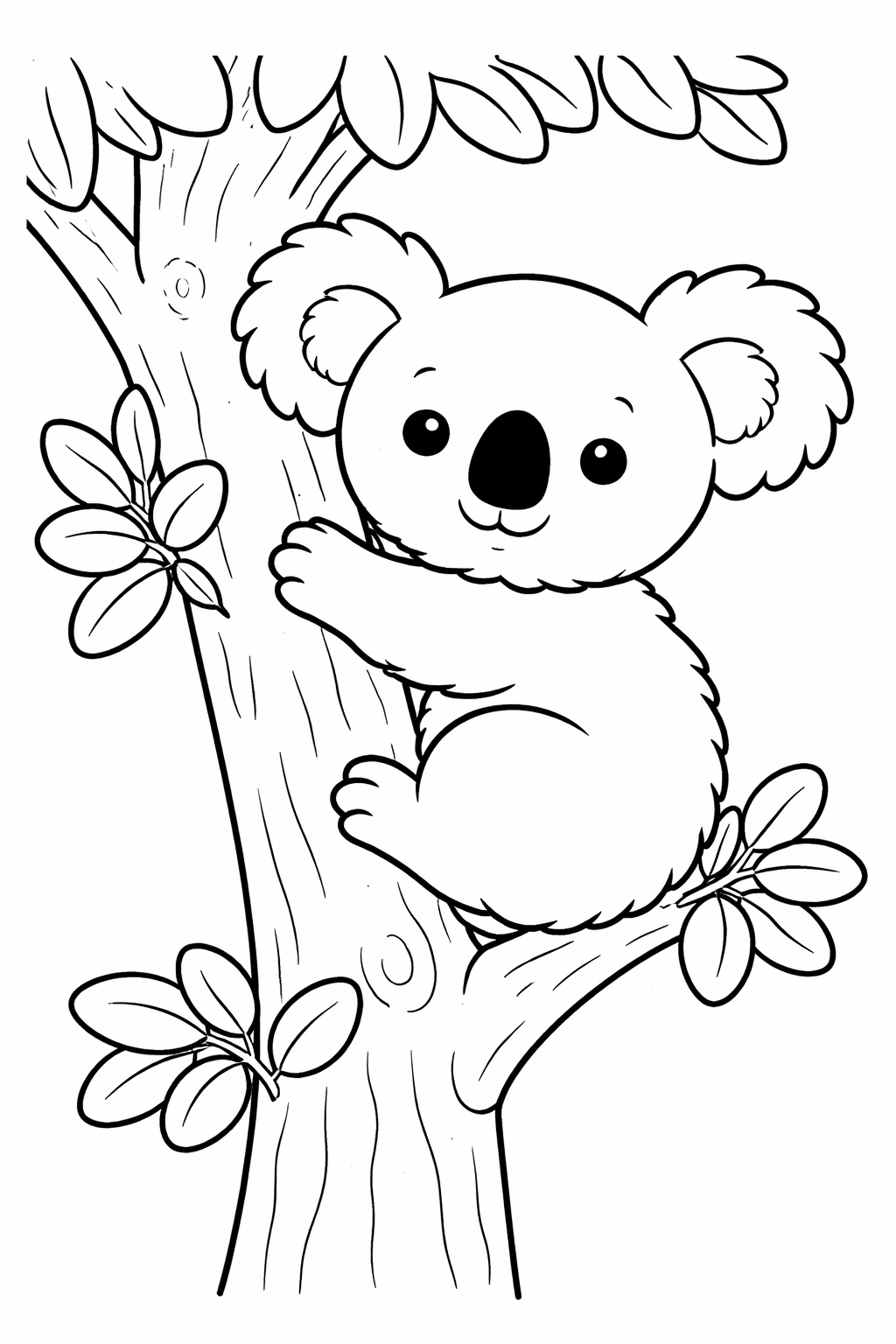 Coloring page illustration of a cute koala on a tree, perfect for engaging children in fun and educational coloring activities. Kids can explore creativity by coloring the koala's fur and surrounding leaves, contributing to their knowledge of wildlife.