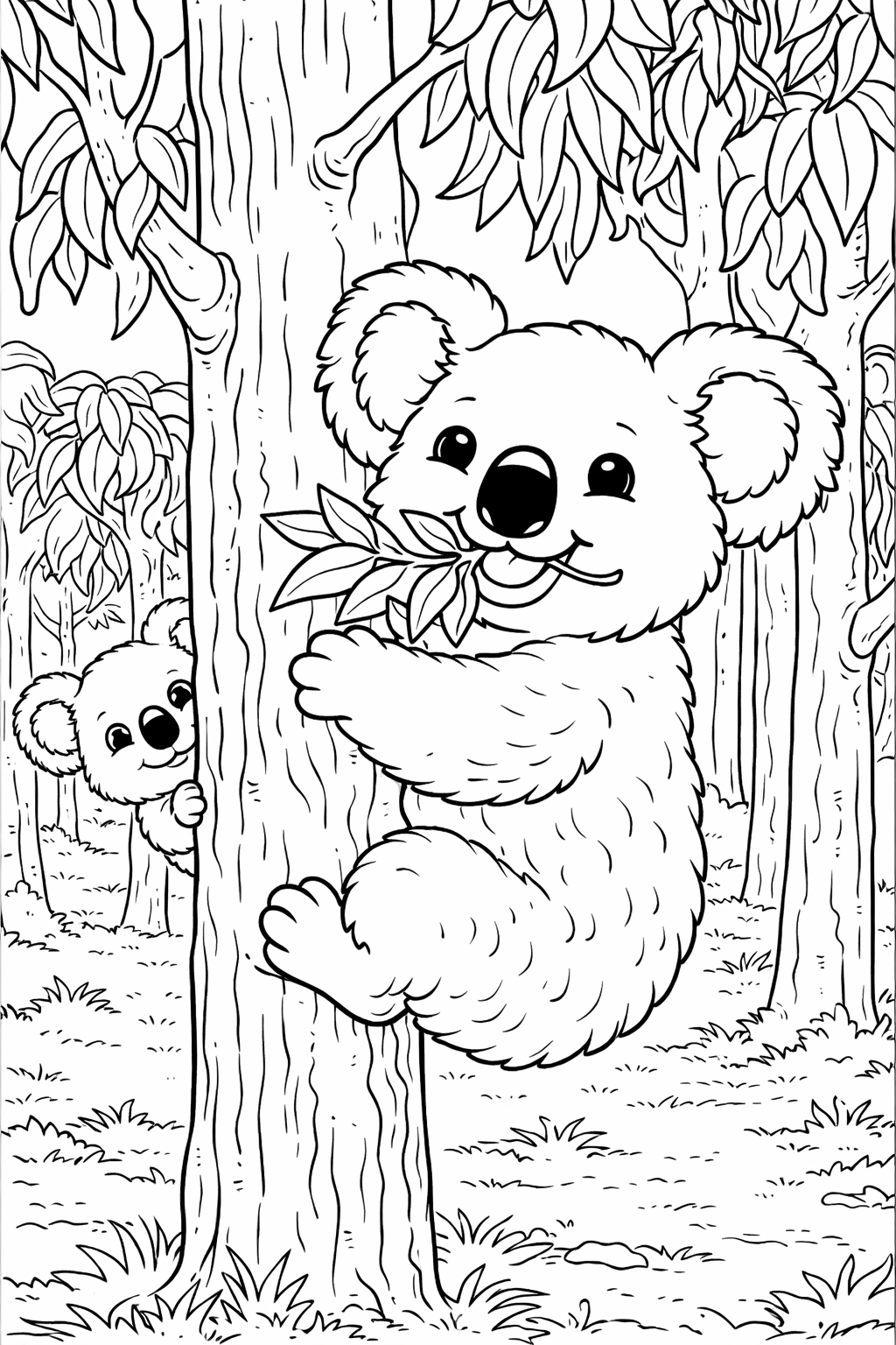 A delightful scene of a koala clinging to a tree amidst a forest, perfect for children's coloring activities. The intricate details of the koala and the tree leaves offer an engaging and educational coloring experience.