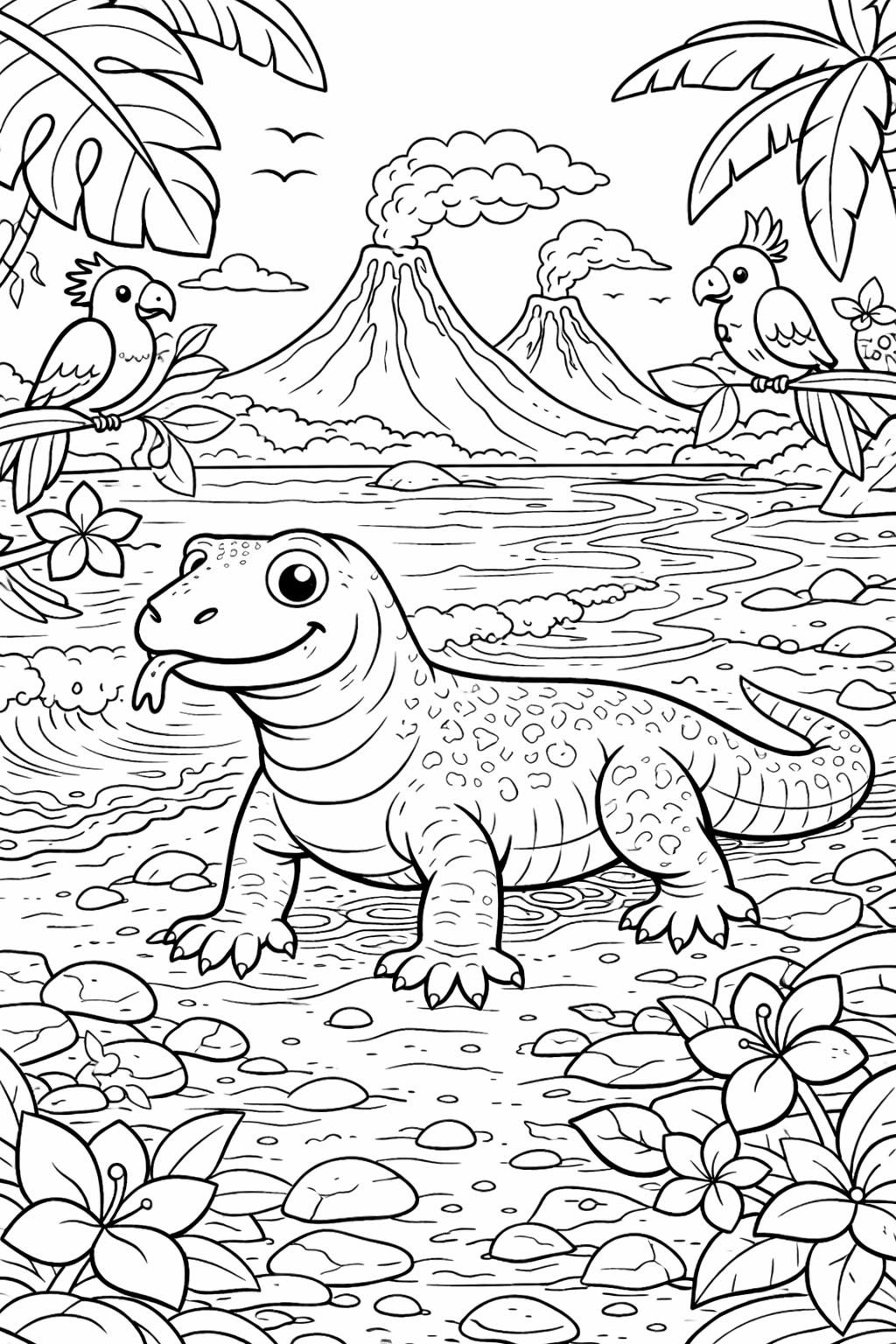 A Komodo dragon on a tropical beach, surrounded by palm trees, flowers, and two parrots. Volcanoes and ocean waves are in the background, creating a vibrant and adventurous scene for children to color.