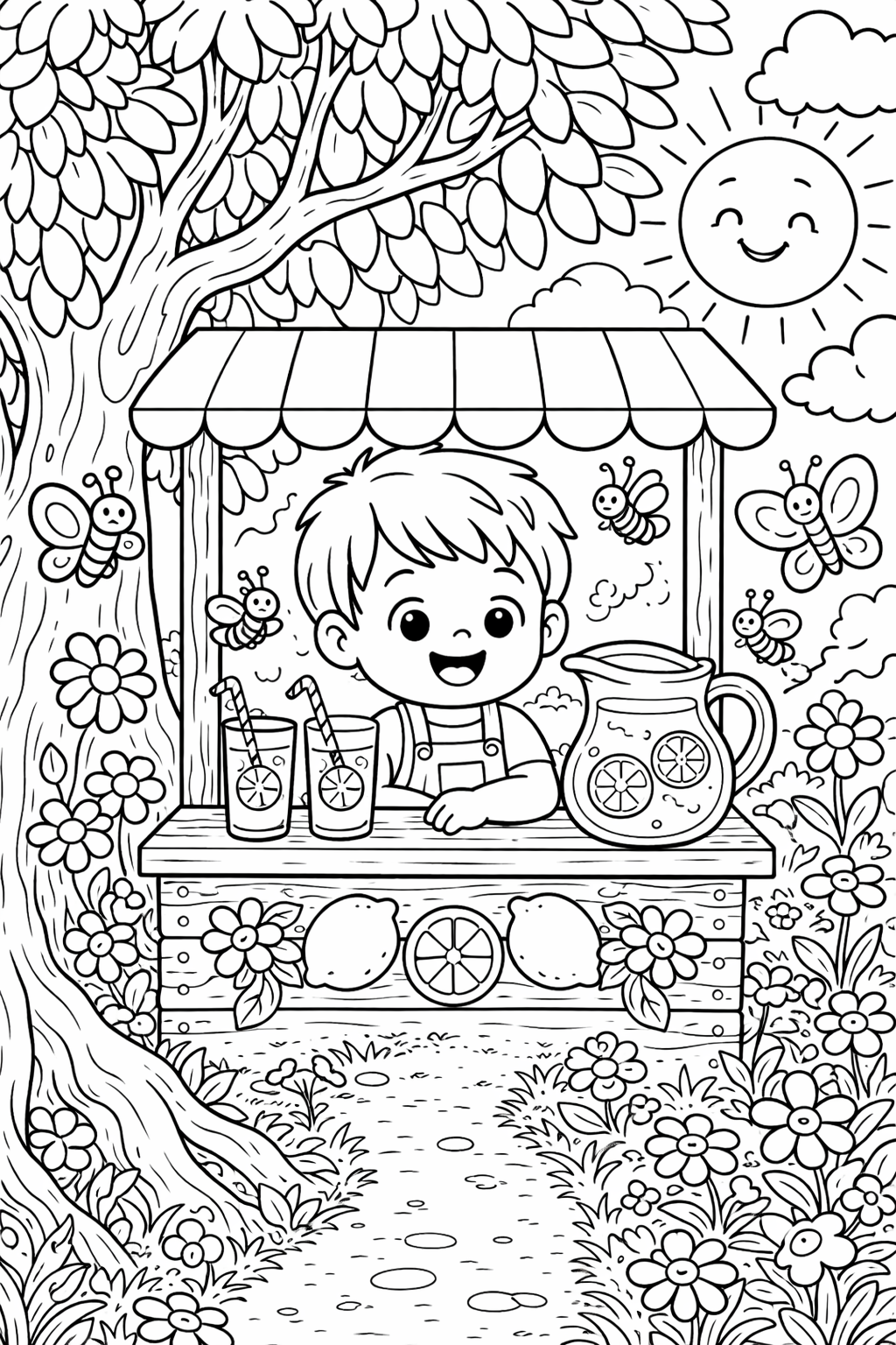 Coloring page showing a young child at a lemonade stand, surrounded by trees, flowers, butterflies, bees, and a bright, happy sun.
