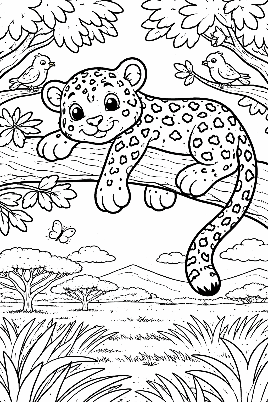 Coloring page of a smiling leopard cub on a branch, surrounded by birds, foliage, and a picturesque landscape with mountains in the distance.
