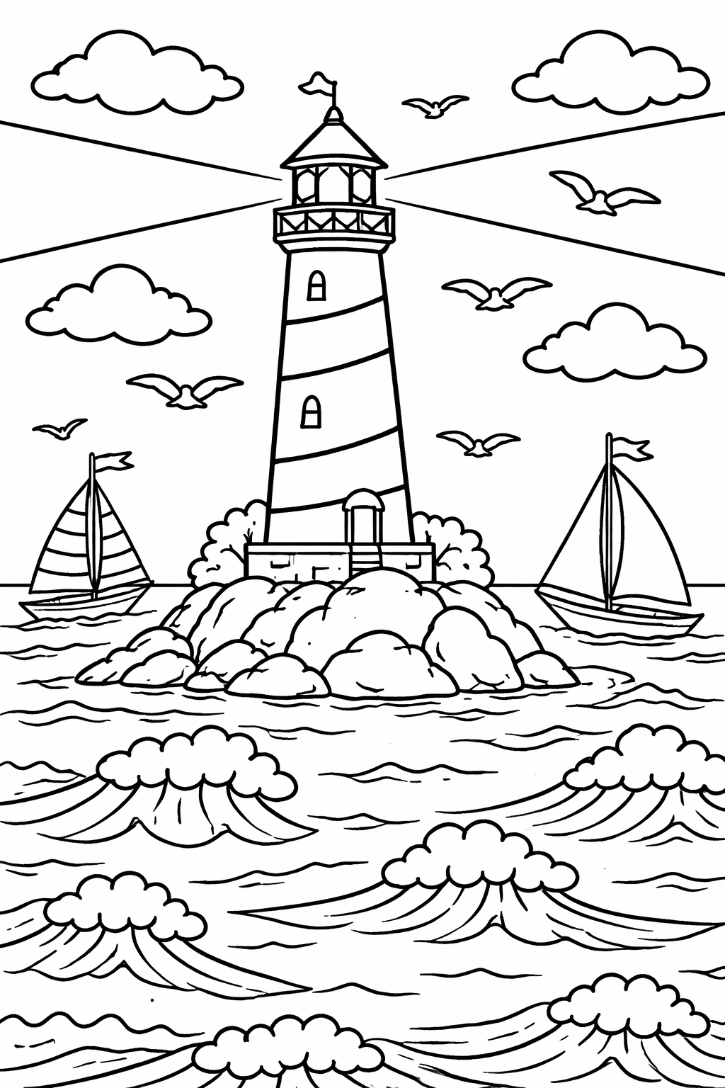 A children's coloring page showcasing a lighthouse on rocks with waves, seagulls, and two sailboats set against a cloudy sky, inviting creativity.