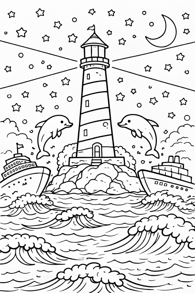 A children’s coloring page illustrating a lighthouse on a rocky island, two leaping dolphins, and two ships on a wavy sea under a starry and moonlit sky.
